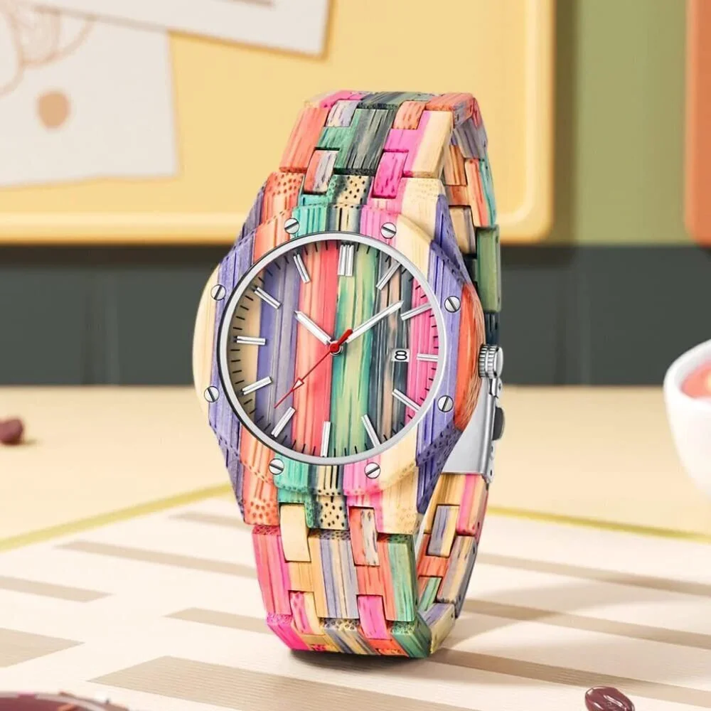 Men's Pink Purple Handmade Colorful Bamboo Engraved Analog Quartz Wooden Watch